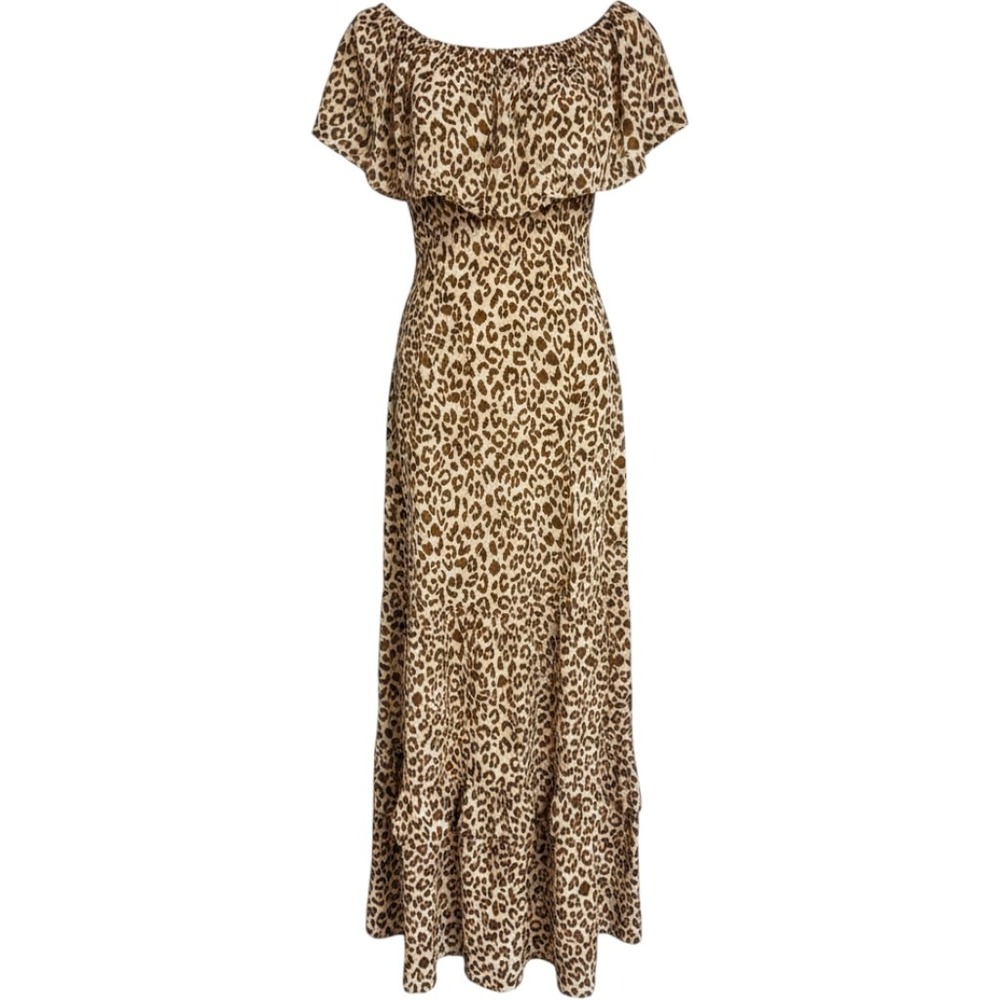 Zattcas Leopard Print Maxi Dress Womens Small Off Shoulder Tiered Ruffle Tan